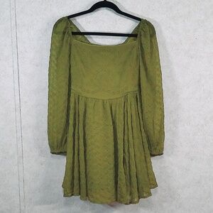 NWOT Free People Renaissance Eyelet Mini Dress, Olive Green, Fully Lined Sz Med.
